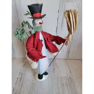 Snowman tin‎ glitter broom vintage xmas decor scarf figure